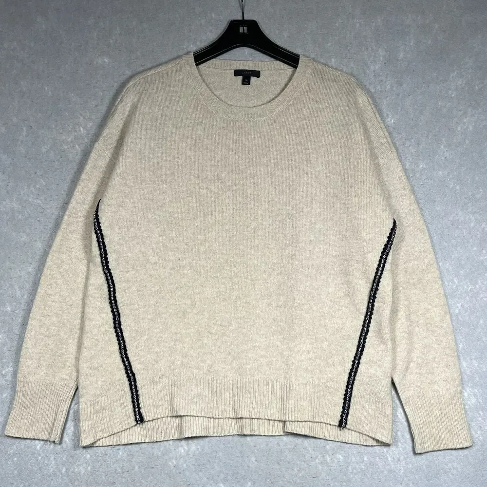 J. Crew Sweater Womens X-Large Beige 100% Wool Rhinestone Pullover Long Sleeve